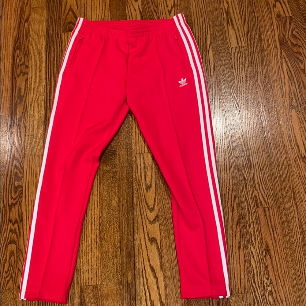 Red adidas track suit pants